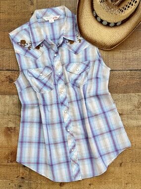 Sleeveless Western Plaid Pearl Snap Shirt with Embroidered Yoke